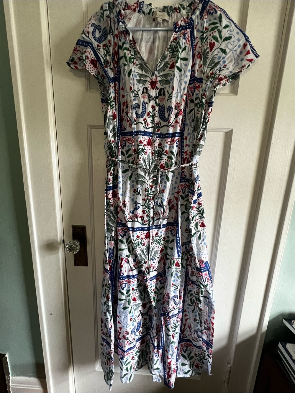 LOFT White Floral Printed Maxi Dress with Blue & Red Accents